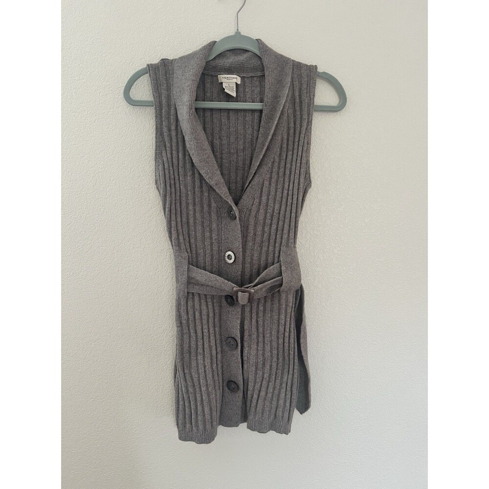 Vertigo Paris Women's Sweater Vest Belted Button Down Angora Taupe Size Large
